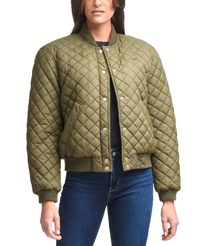 Diamond Quilted Bomber Jacket Zippered Jacket Buttoned Jacket Snapped Jacket