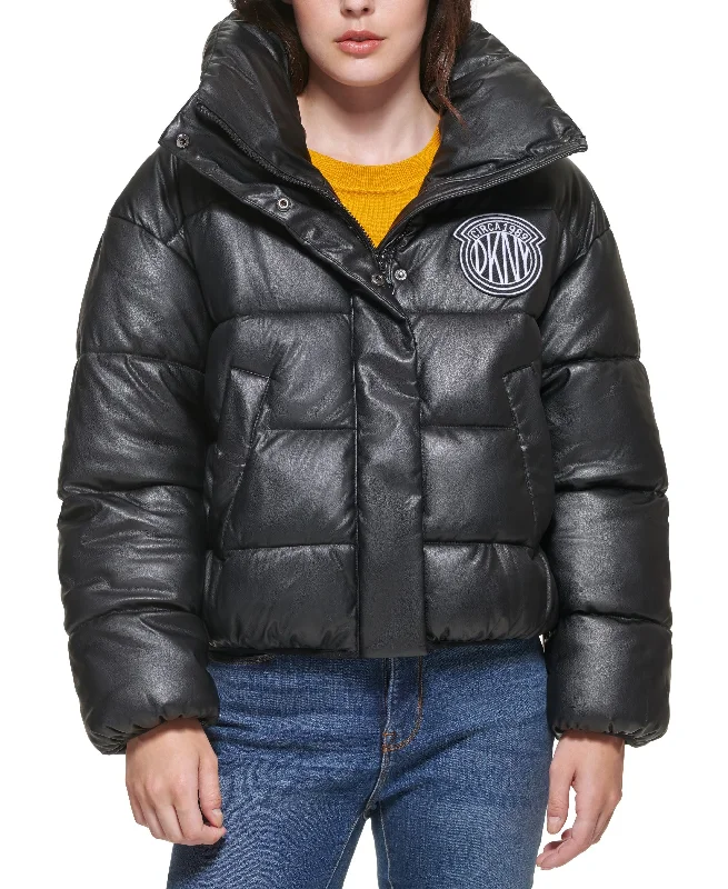 DKNY Jeans Faux Leather Puffer Jacket Fleece Fabric Down Fabric Feather Fabric