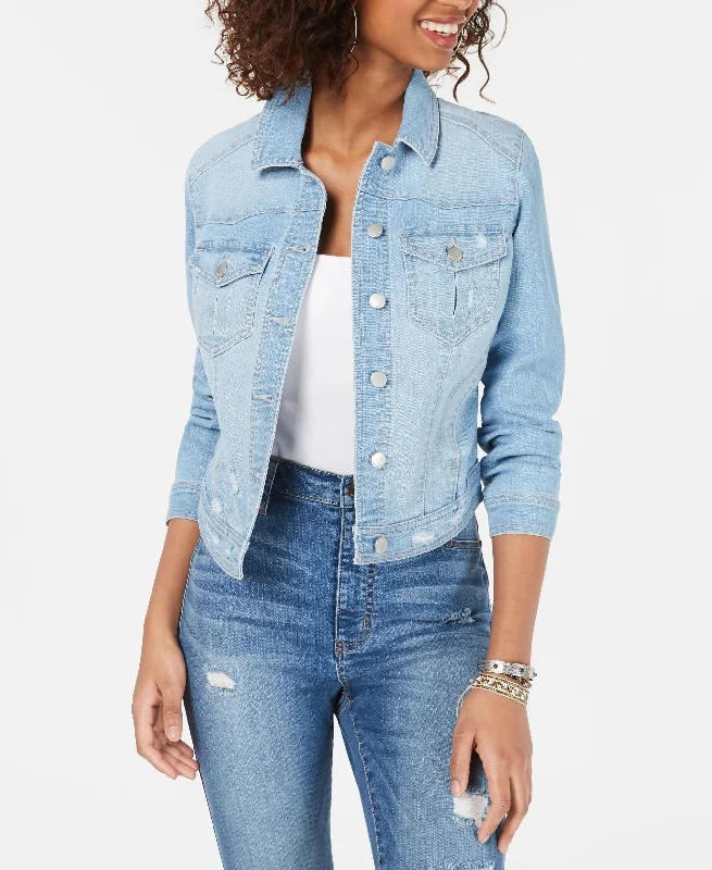 Juniors' Distressed Jean Jacket Tailored Jacket Straight Jacket A-Line Jacket