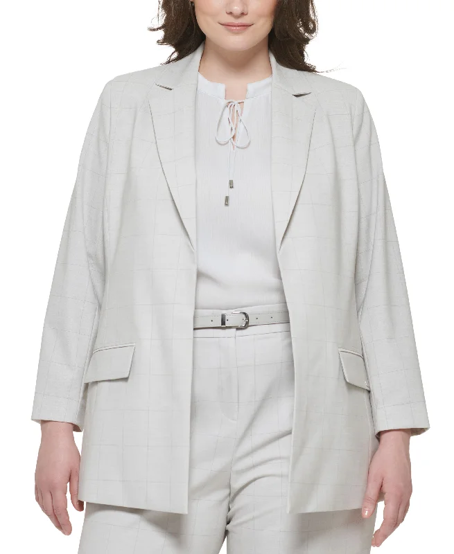 Plus Size Windowpane Open-Front Jacket Satin Jacket Silk Jacket Chiffon Jacket