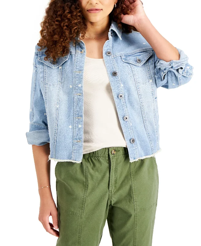 Style & Co Heart Print Denim Jacket Knit Fabric Woven Fabric Fleece Fabric