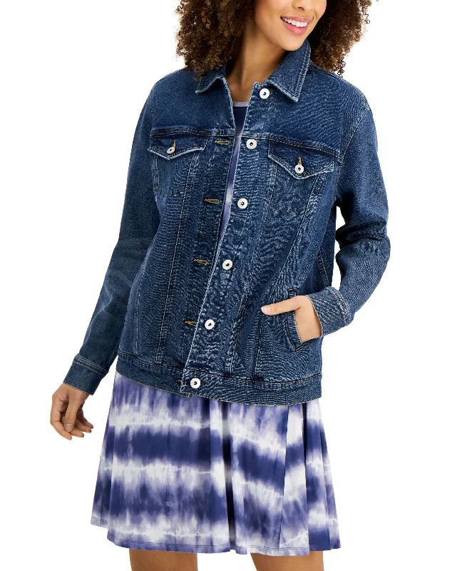 Women's Denim Trucker Jacket A-Line Jacket Boat Neck Shawl Collar