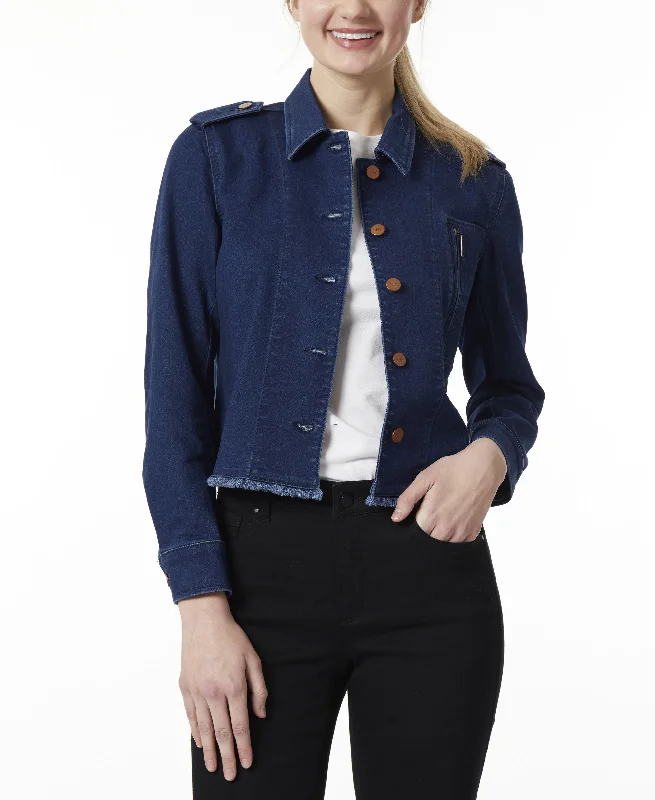 Womens 5 Button Denim Jacket With Fringe Epaulets Front Pockets Side Pockets Patch Pockets