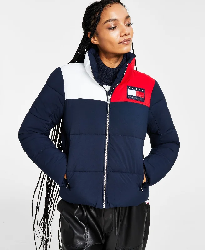 Women's Colorblocked Puffer Jacket Bomber Jacket Anorak Windbreaker