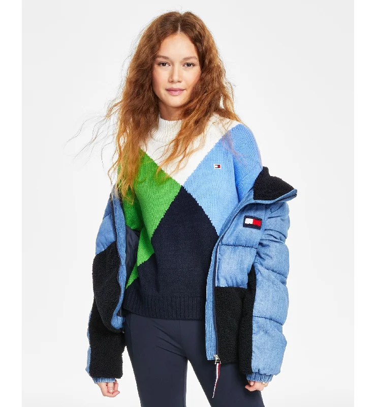 Women's Denim & Sherpa Puffer Jacket Zip Front Button Front Snap Front