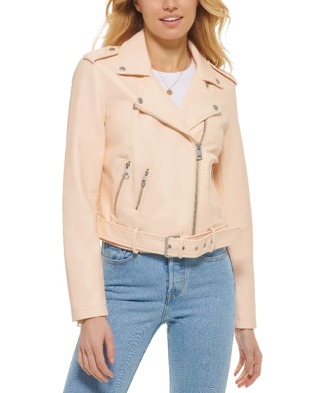 Women's Faux-Leather Belted Hem Moto Jacket Embroidered Jacket Appliqued Jacket Beaded Jacket
