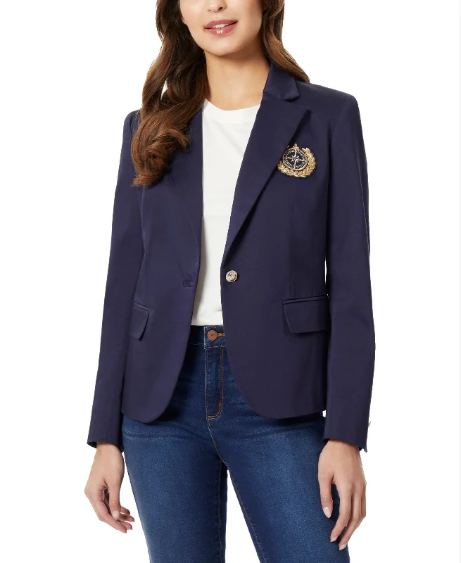 Womens Long Sleeve 1 Button Jacket With Crest Wool Fabric Cashmere Fabric Tweed Fabric