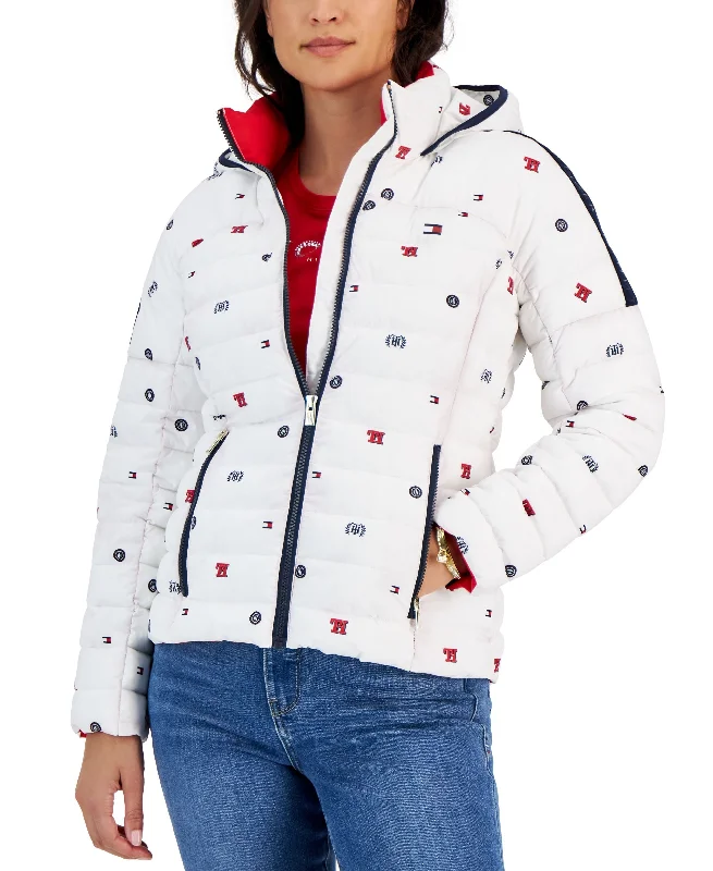 Women's Packable Logo-Print Hooded Jacket Satin Fabric Silk Fabric Chiffon Fabric