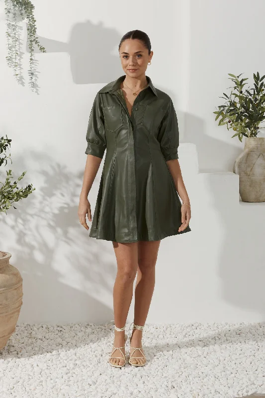 Aida Khaki Green Faux Leather PU Mini Dress Trendy Off-Shoulder Dress Mini