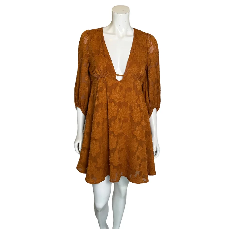 Anthropologie | Women's Rust Embroidered Floral Design Mini Dress | Size: 0 Stylish Short Sleeve Mini Dress