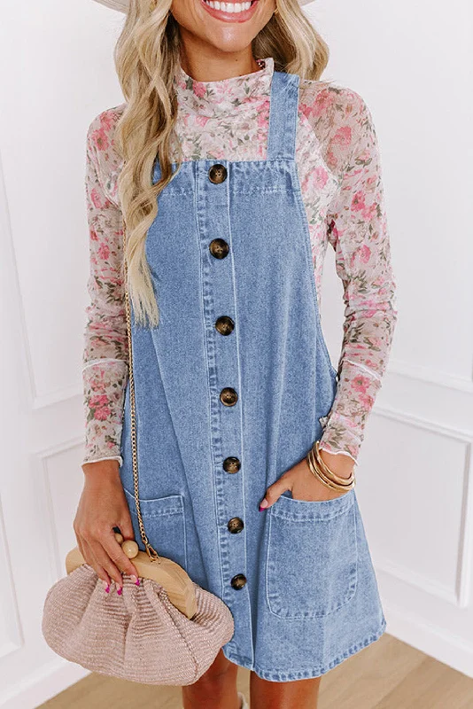 Beau Blue Wide Strap Button Front Pocketed Denim Mini Dress Stylish Spaghetti Strap Mini Dress