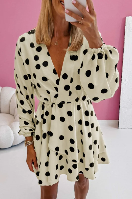 Beige Polka Dot Printed Surplice V Neck Puff Sleeve Mini Dress Elegant Off-Shoulder Dress Mini