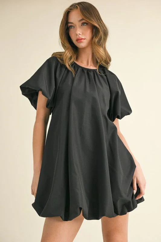 Black Puff sleeve Bubble Hem Mini Dress Elegant Lace-Up Mini Dress