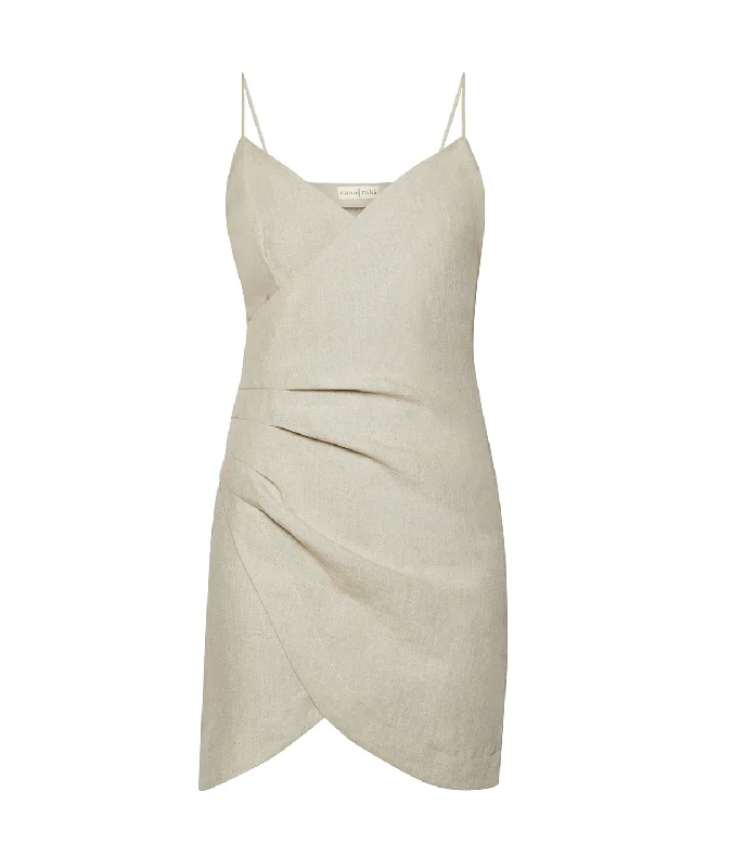 Pia Wrap Linen Mini Dress in Flax Trendy Mini Dress with Belt