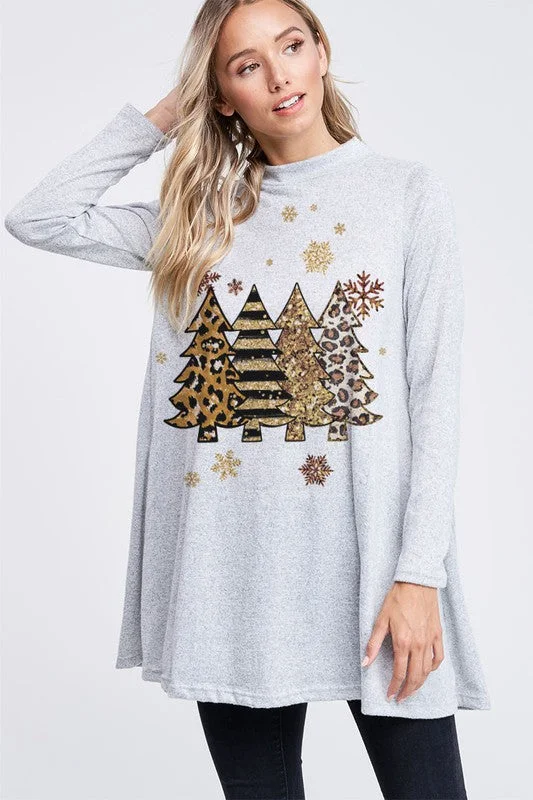 Christmas Trees Mock Neck Mini Dress - Grey Trendy Button-Detail Mini Dress