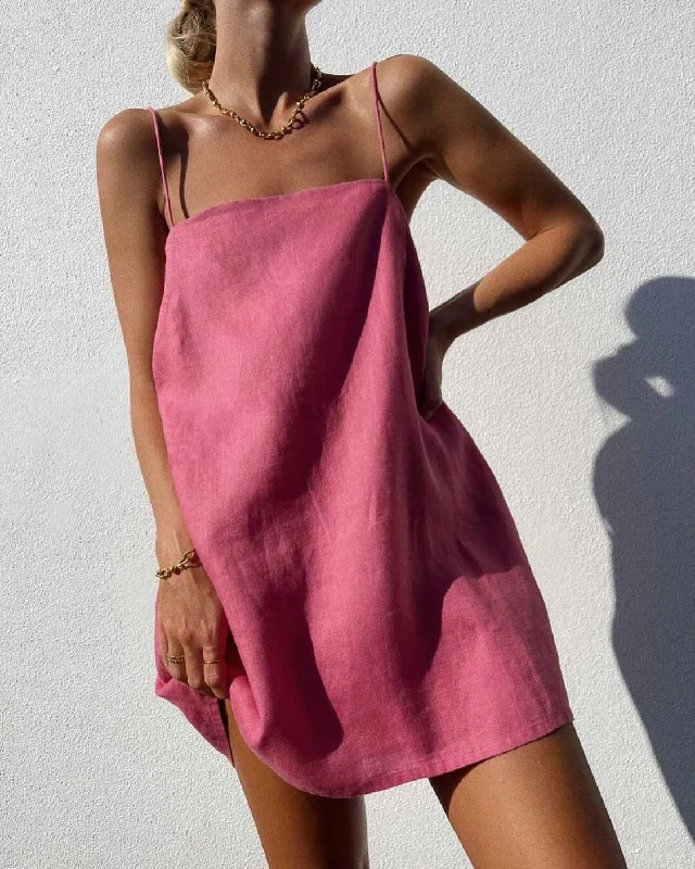 Cotton And Linen Square Neck Mini Dress Stylish Summer Mini Dress