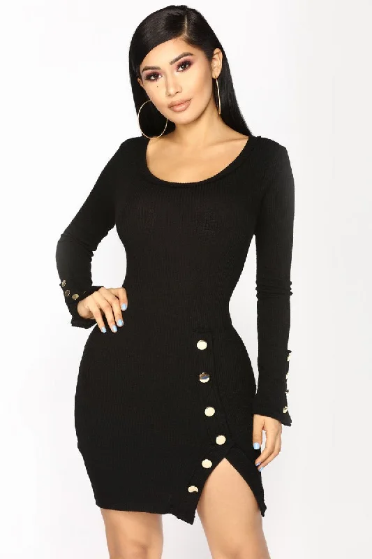 Cute As A Button Mini Dress - Black Casual High-Waist Mini Dress