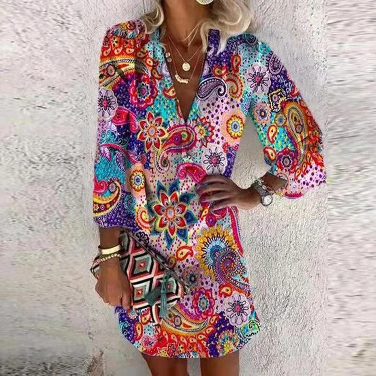 Deep V-Neck Button Mini Dress Comfortable Zip-Up Mini Dress
