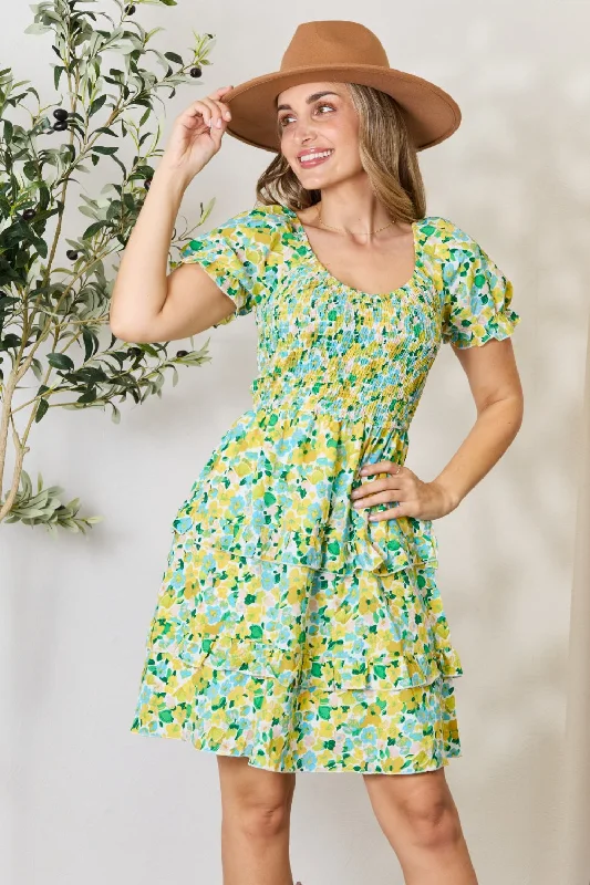 Devine Smocked Scoop Neck Flounce Sleeve Mini Dress Comfortable Shift Mini Dress
