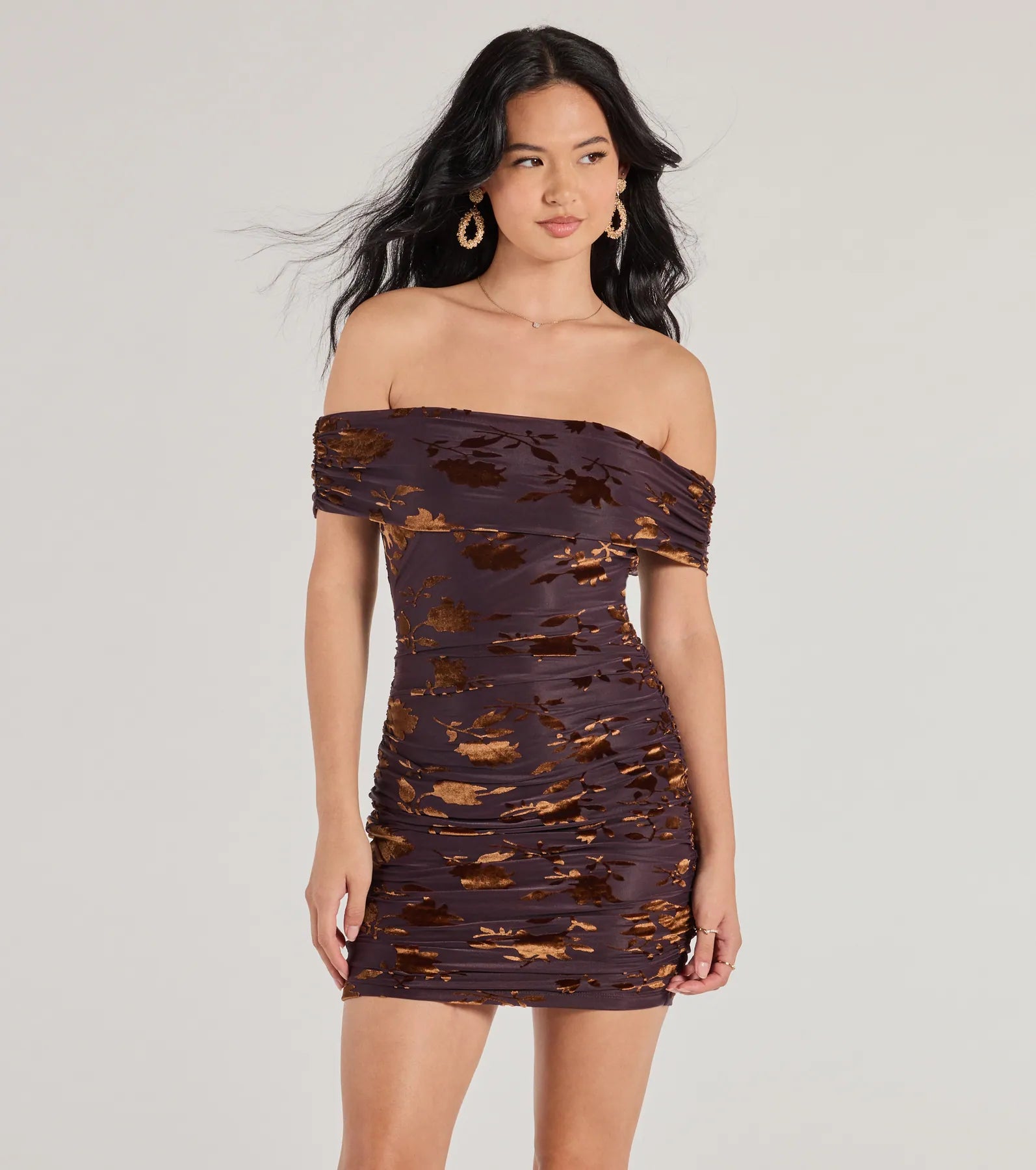 Elegant Romance Flocked Velvet Off The Shoulder Mini Dress Stylish Button-Down Mini Dress