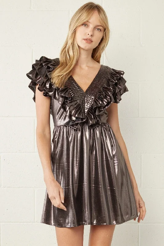 Entro Metallic Ruffle Super Mini Dress -  Bronze Classic White Mini Dress