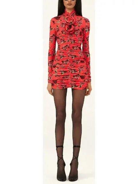 Floral-Appliqué Ruched Mini Dress Casual Button-Up Mini Dress