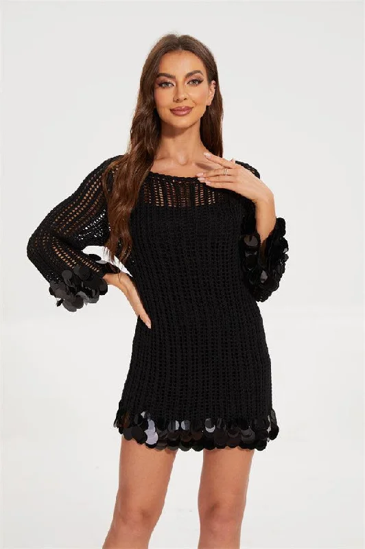 Fondia Sequin Crochet Mini Dress Black Cover Up Fashionable Denim Mini Dress