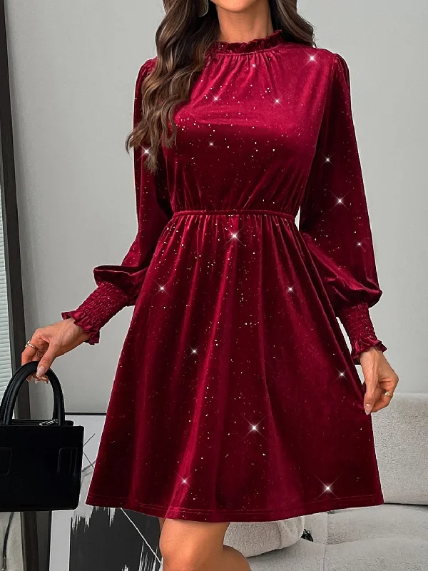 Glitter Mock Neck Long Sleeve Mini Dress Cozy Cowl Neck Mini Dress