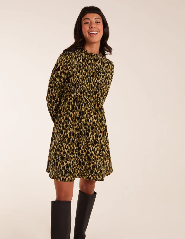 Shirred Trapeze Frill Neck And Sleeve Mini Dress Comfortable Casual Mini Dress