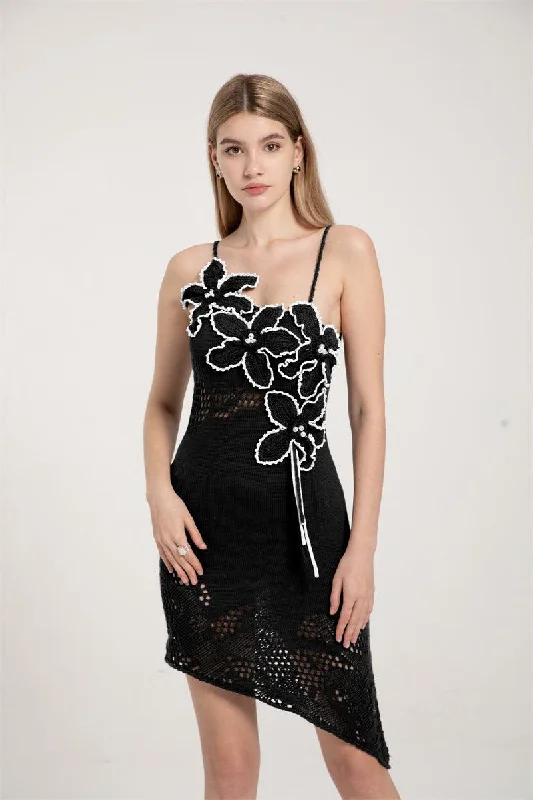 Hand Crochet Hongkong Orchid One Shoulder Mini Dress Fashionable Lace-Trim Mini Dress