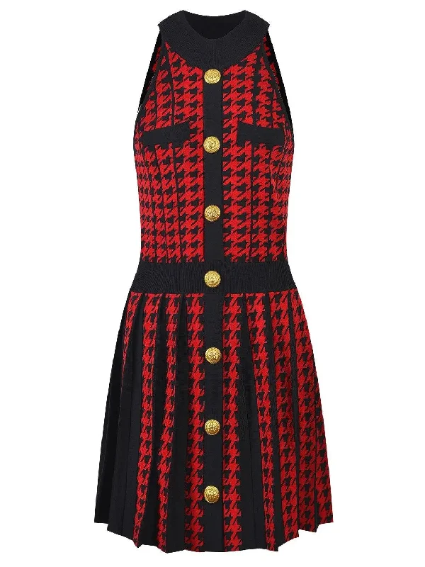 Houndstooth Pleated Mini Dress, Red and Black Classic Shift Mini Dress
