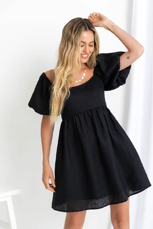 Jayla Linen Mini Dress - Black - The Self Styler Trendy Denim Mini Dress