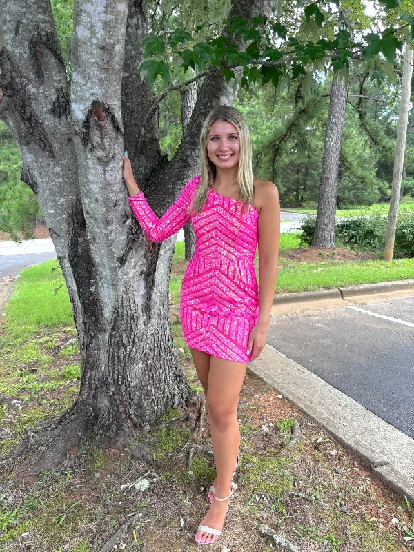 JOVANI 220610 Fitted Sequin Mini Dress with One Sleeve - Hot Pink or Royal Blue Cozy Ribbed Mini Dress