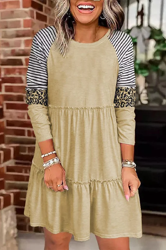 Wild Elegance: Khaki Striped Leopard Patchwork Mini Dress with Long Sleeves Cozy T-Shirt Mini Dress