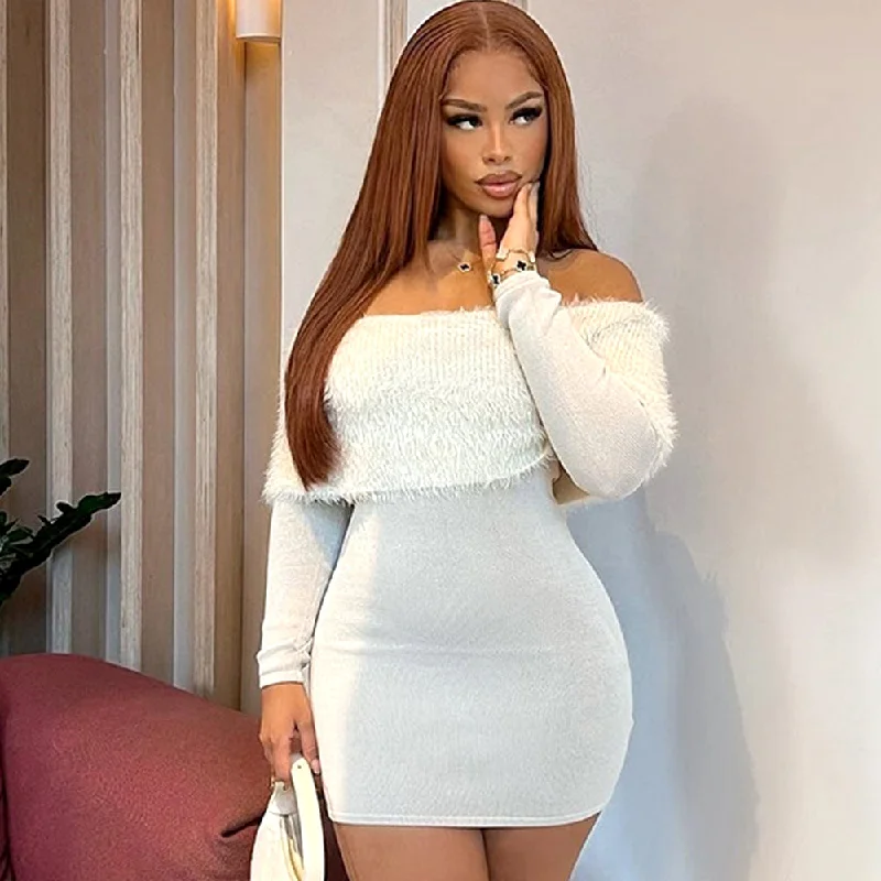 Long Sleeve Plush Fur Bodycon Mini Dress Stylish Puff Sleeve Mini Dress