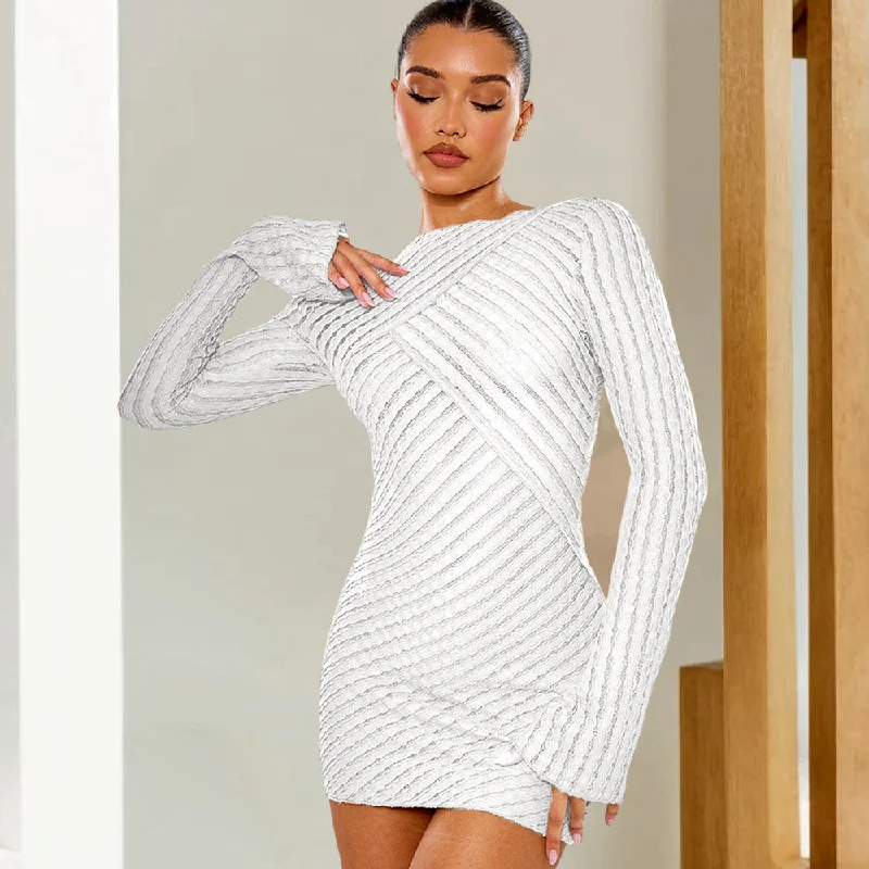Long Sleeve Slim Fit Knitted Twill Mini Dress Cozy A-Line Mini Dress
