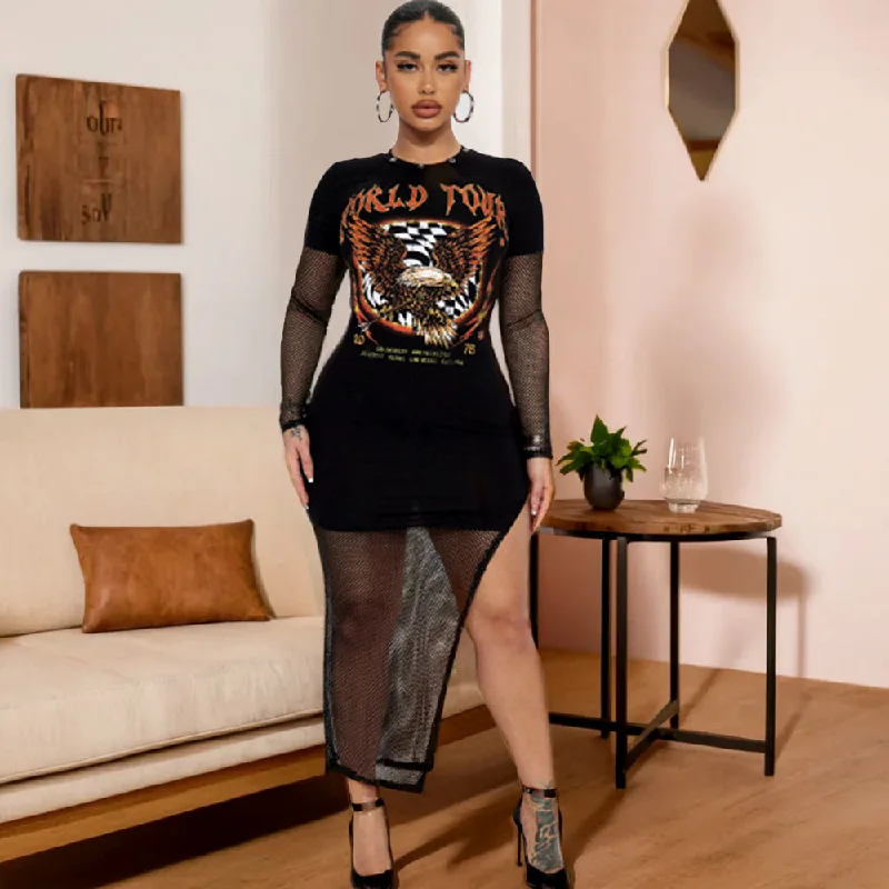 Mesh Laced Stitching Long Sleeve Sexy Mini Dress Fashionable Lace Mini Dress
