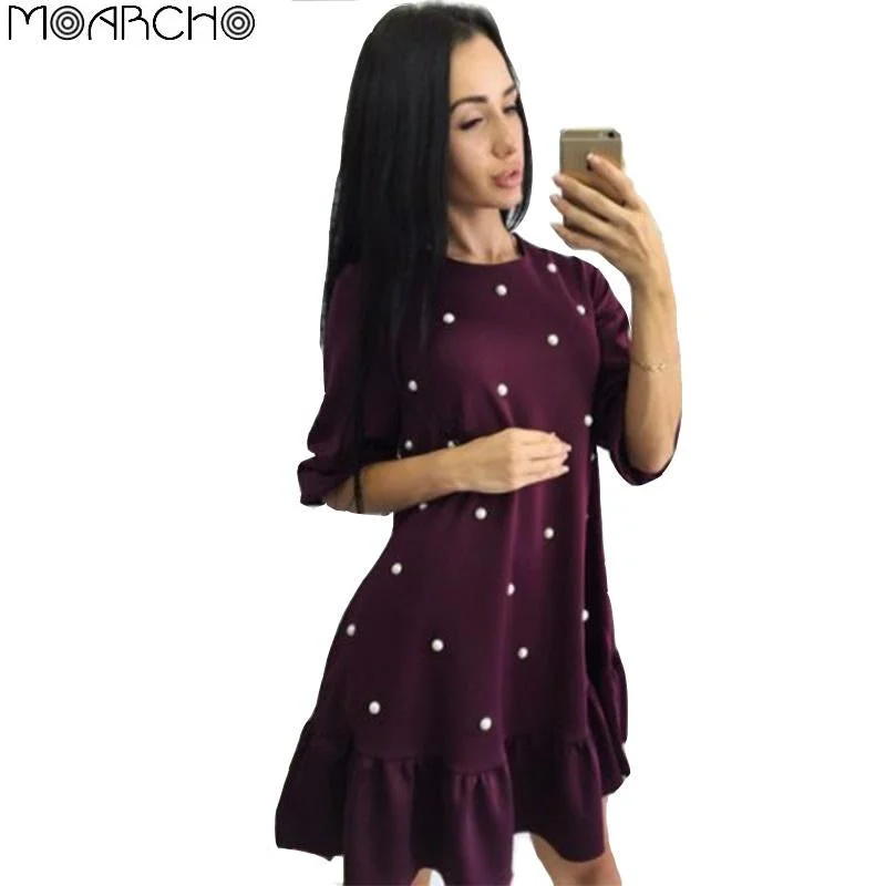 MOARCHO Women fashion Beading Ruffle Loose Dress 2017 Autumn Woman Half Sleeve O-neck mini dresses Ladies Causal bodycon Dress Elegant Mini Dress with Pleats