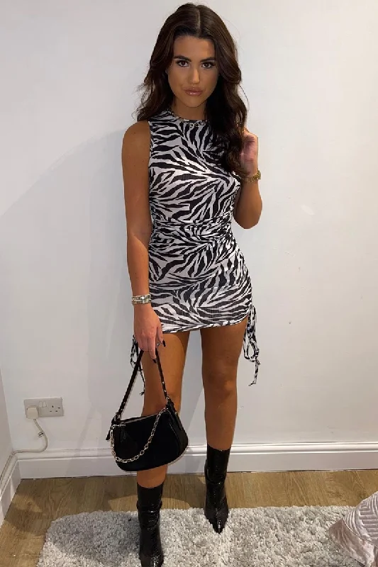 Zebra Print Ribbed Side Ruched Mini Dress - Reni Elegant Satin Lace Mini Dress