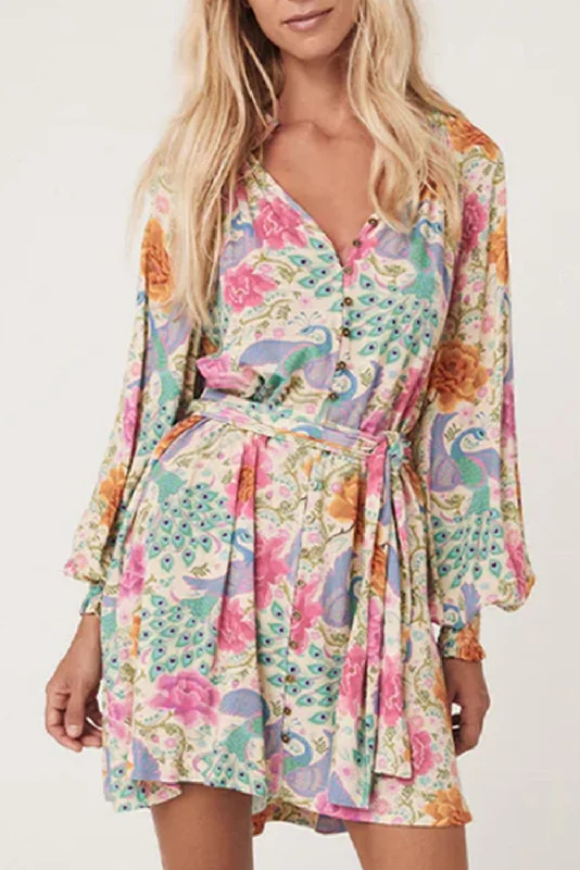 Multicolour Floral Print Bubble Sleeve Buttoned V Neck Mini Dress Trendy Off-Shoulder Dress Mini