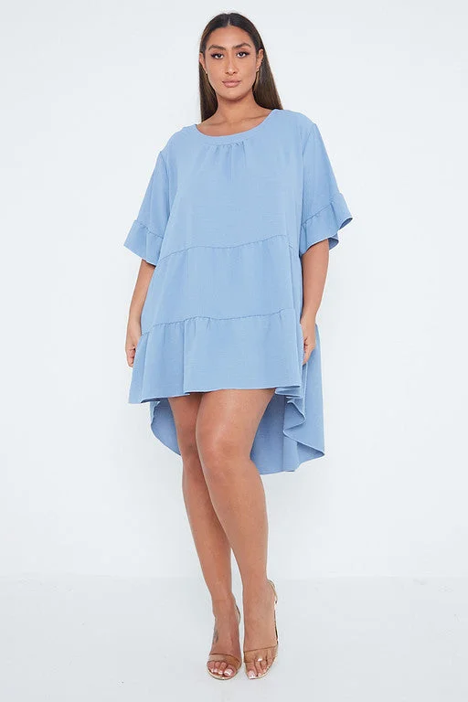 One Size Blue Tiered Asymmetric Hem Mini Dress Elegant Velvet Mini Dress