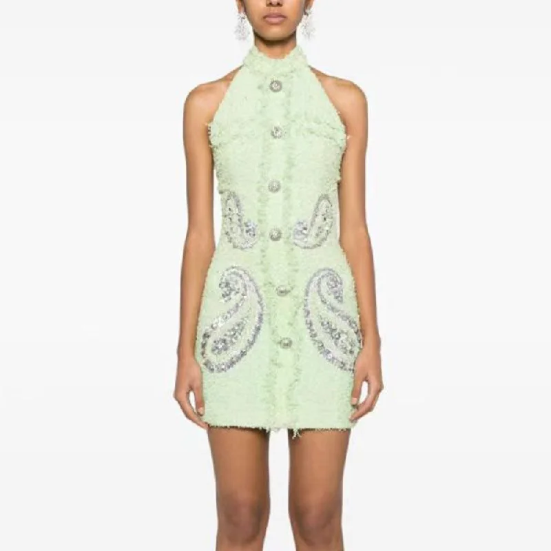 Paisley Embellished Halter Neck Mini Dress Cozy Satin Mini Dress