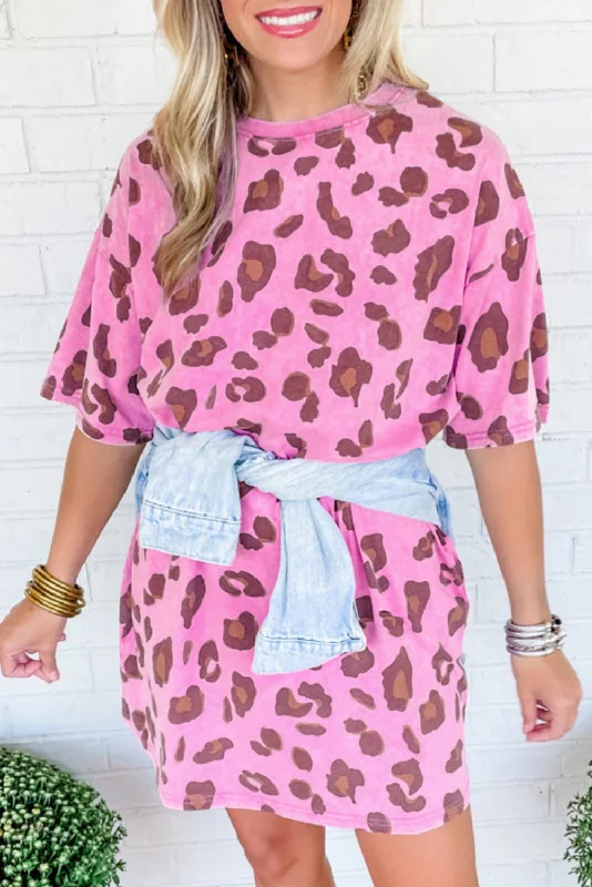 Pink Leopard Mineral Wash Side Pocket Shift Mini Dress Casual High-Waist Mini Dress
