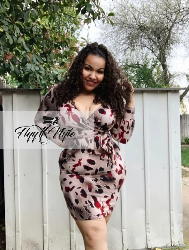 Plus Size Faux Wrap Mini Dress with Attached Tie in Burgundy Trendy Off-Shoulder Dress Mini