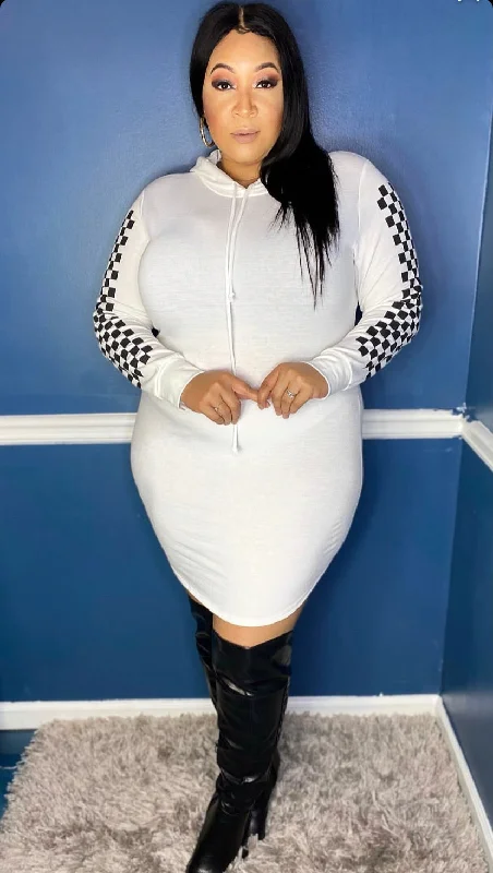Plus Size Hoodie Mini Dress in White with Checker Sleeves Elegant Off-Shoulder Dress Mini