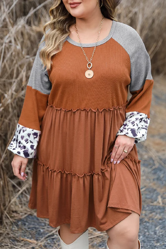 Plus Size Waffle Ruffle Mini Dress Comfortable Fit-and-Flare Mini Dress