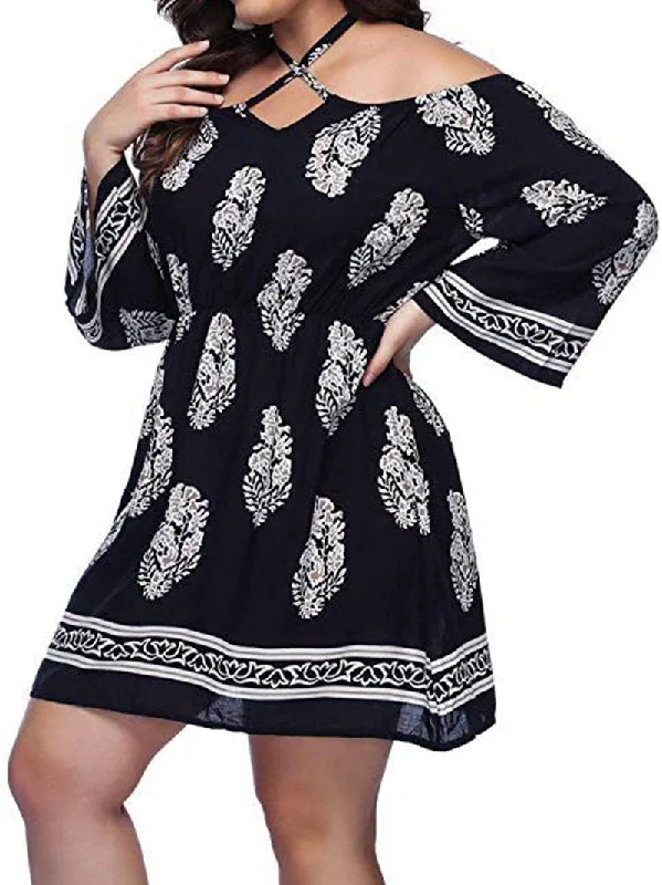 Print Off Shoulder Long Sleeve Mini Dress Cozy Sweater Mini Dress