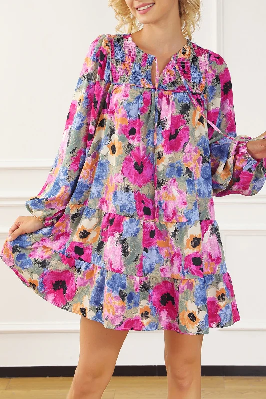 Printed Tie Neck Long Sleeve Mini Dress Trendy Bodycon Mini Dress