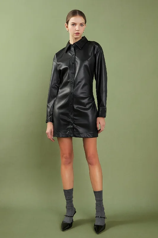 English Factory - Faux Leather Cinched Mini Dress Cozy Wraparound Mini Dress