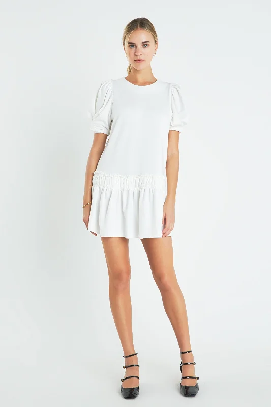 English Factory - Puff Sleeve Peplum Mini Dress Fashionable Lace-Trim Mini Dress